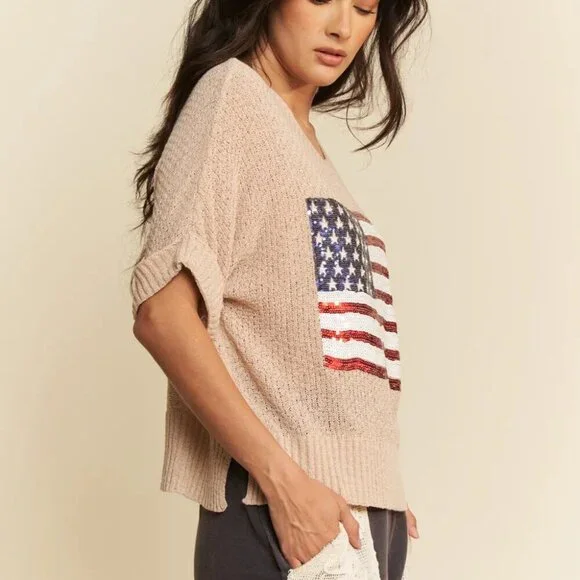 Davi & Dani Sequin‎ American Flag Patch Short Sleeve Knit Top - Picture 5 of 10